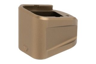 Strike Industries Aluminum Extended Magazine Plate Fits GLOCK 17/22 and has an anodized FDE finish
